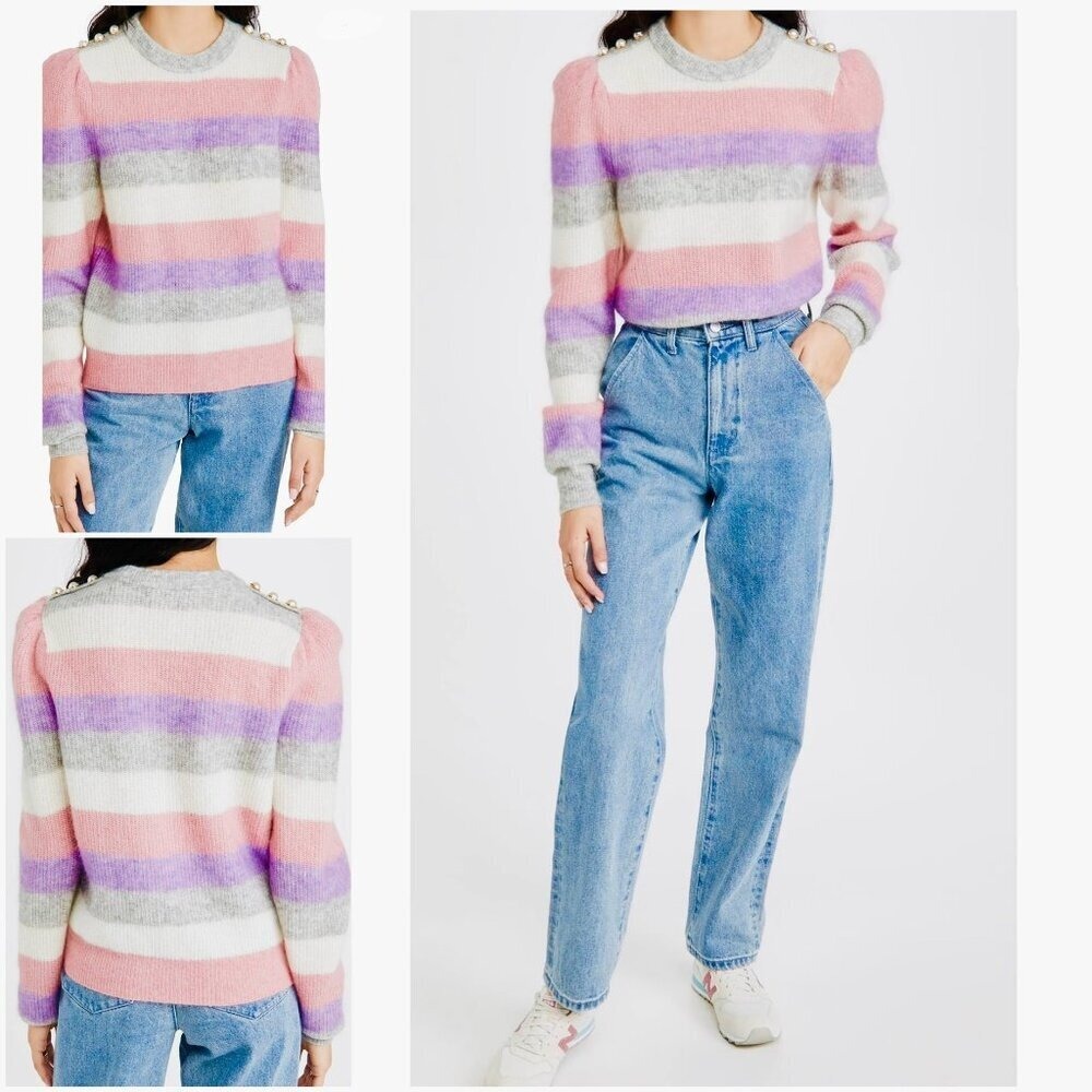 Generation Love Brielle Mohair Wool Striped Pearl Shoulder Puff Sleeve Sweater S